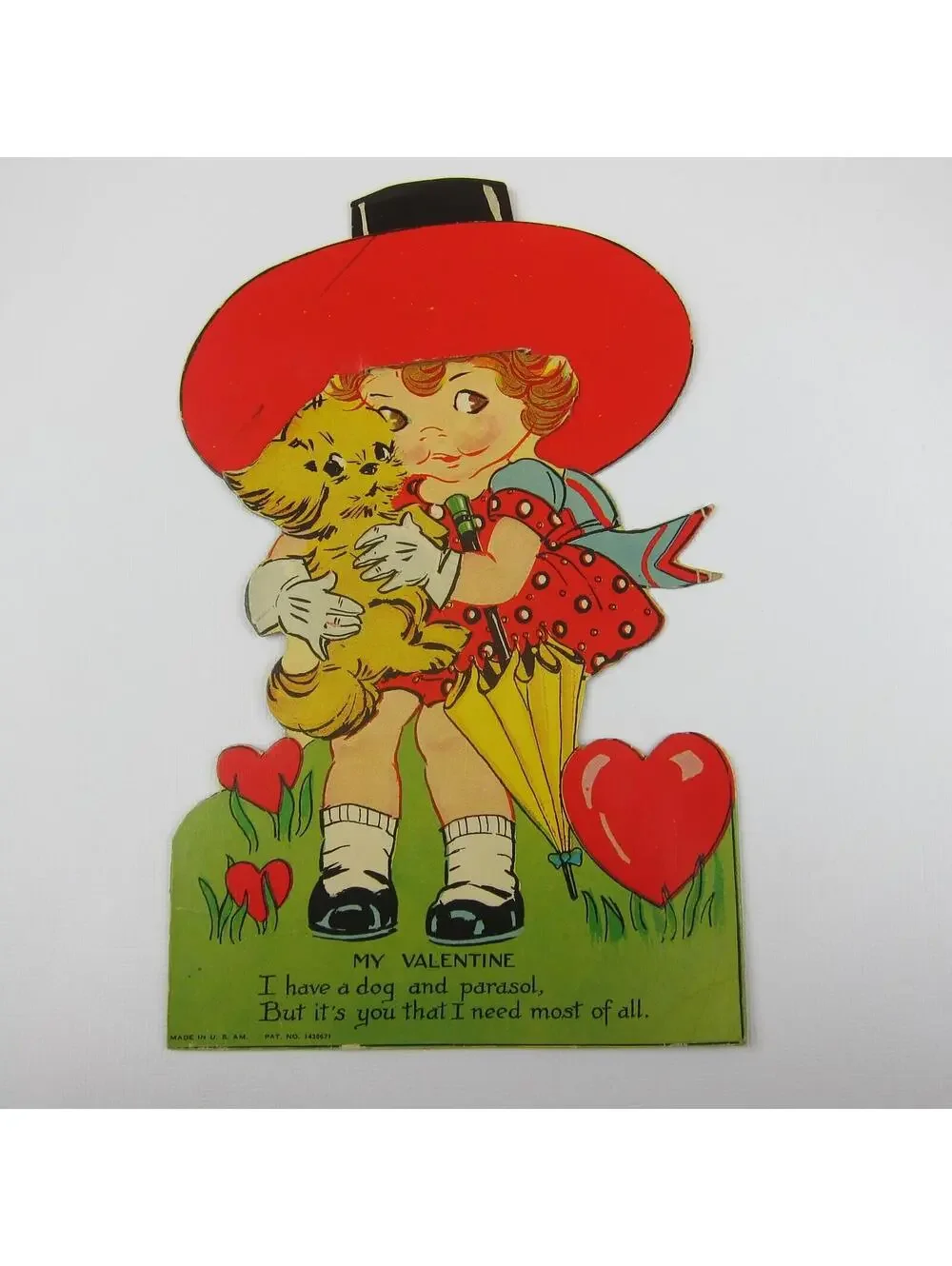 Antique Valentine Card Girl 3D Hat Havanese Puppy Dog LARGE Die Cut Stand Up